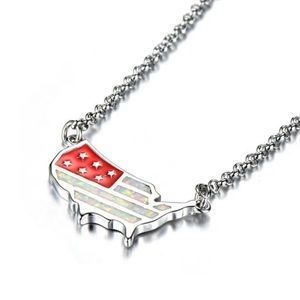 🆕 United States US Flag | White Simulated Opal Filled | Silver Necklace